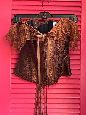 Women's Brown Brocade Corset Top with Ruffle drape sleeves